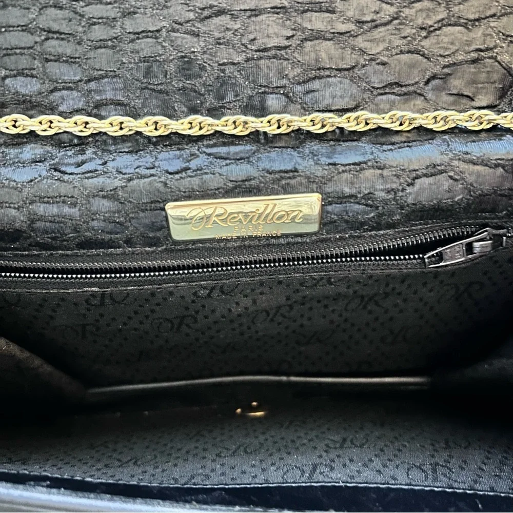 Revillon Vintage Black Alligator Print Handbag with Gold Chain